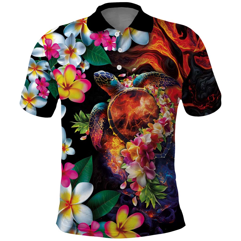 Hawaiian Lei Day Polo Shirt Colorful Plumeria and Volcanic Turtle with Abstract Lava Texture LT03 Black - Polynesian Pride