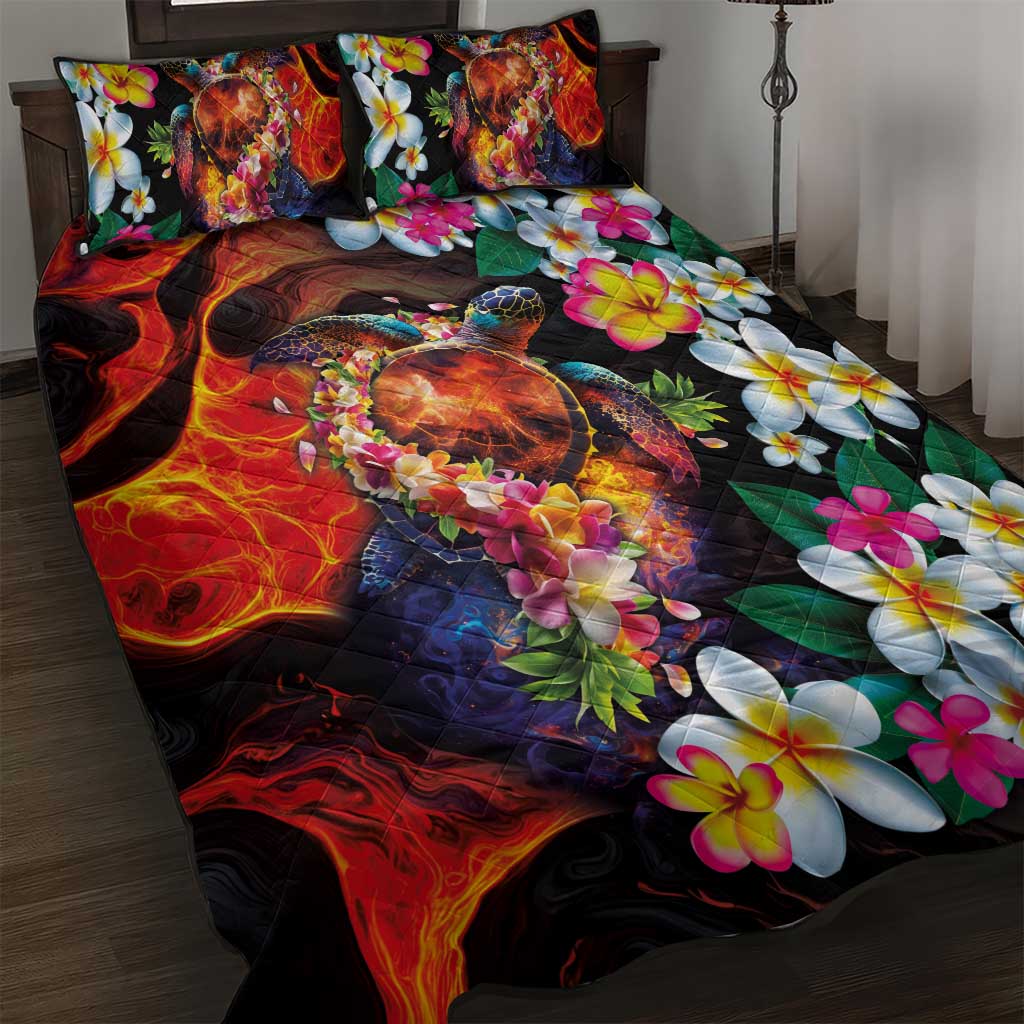 Hawaiian Lei Day Quilt Bed Set Colorful Plumeria and Volcanic Turtle with Abstract Lava Texture LT03 Black - Polynesian Pride