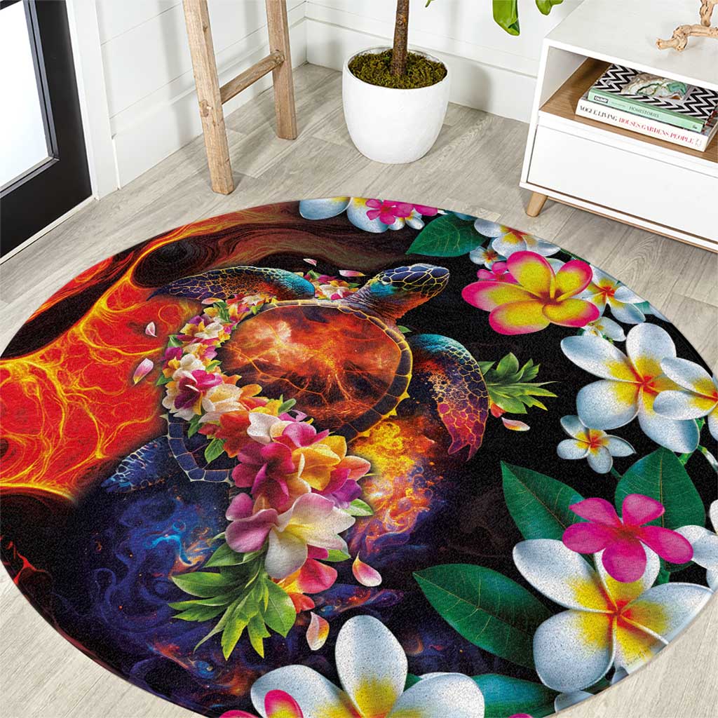 Hawaiian Lei Day Round Carpet Colorful Plumeria and Volcanic Turtle with Abstract Lava Texture LT03 Black - Polynesian Pride