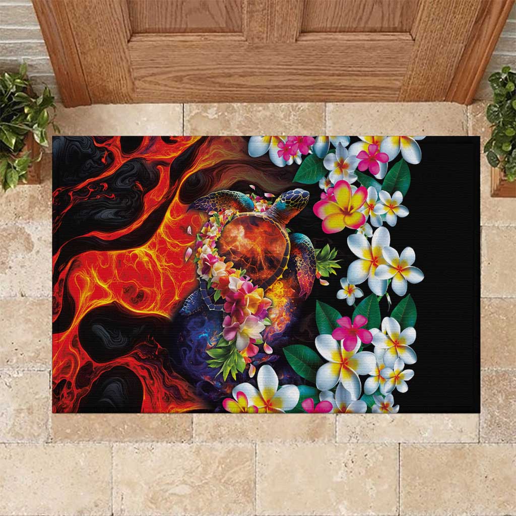 Hawaiian Lei Day Rubber Doormat Colorful Plumeria and Volcanic Turtle with Abstract Lava Texture LT03 Black - Polynesian Pride