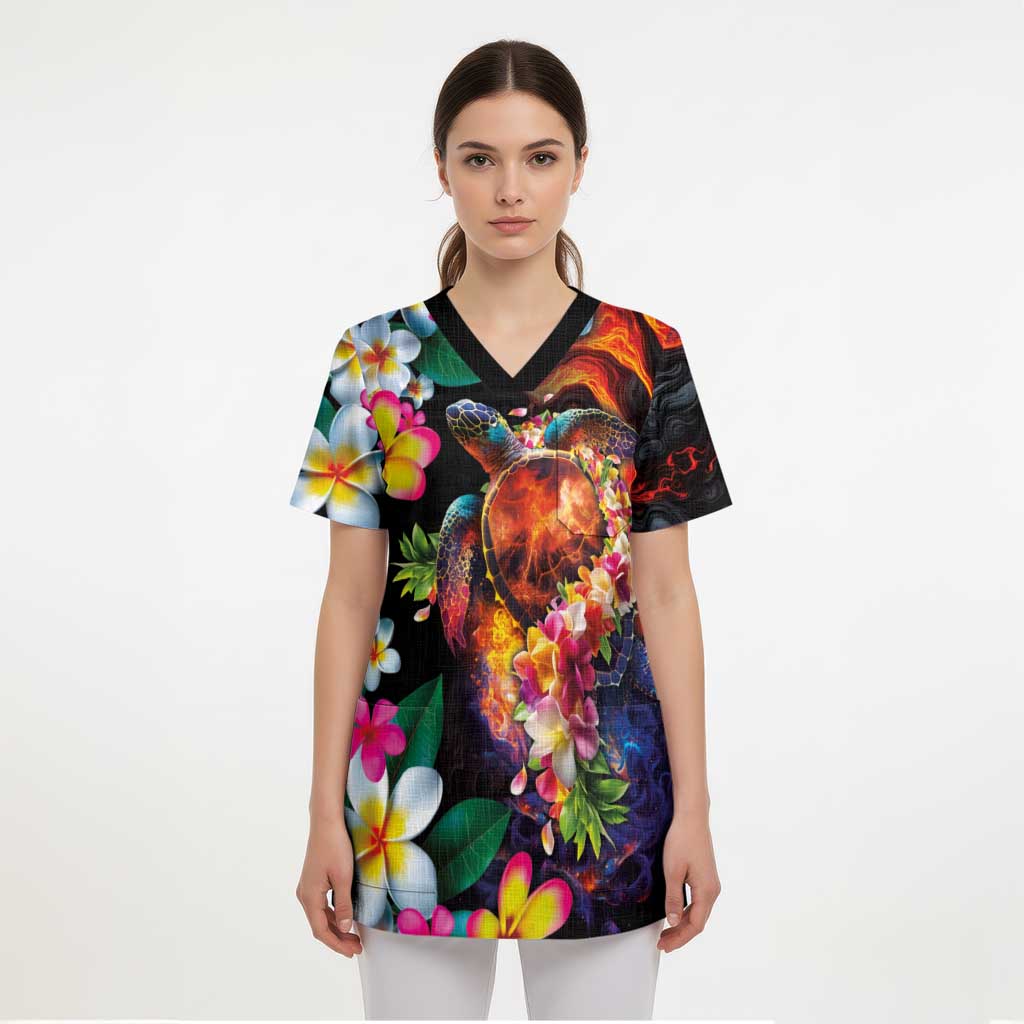 Hawaiian Lei Day Scrub Top Colorful Plumeria and Volcanic Turtle with Abstract Lava Texture LT03 - Polynesian Pride