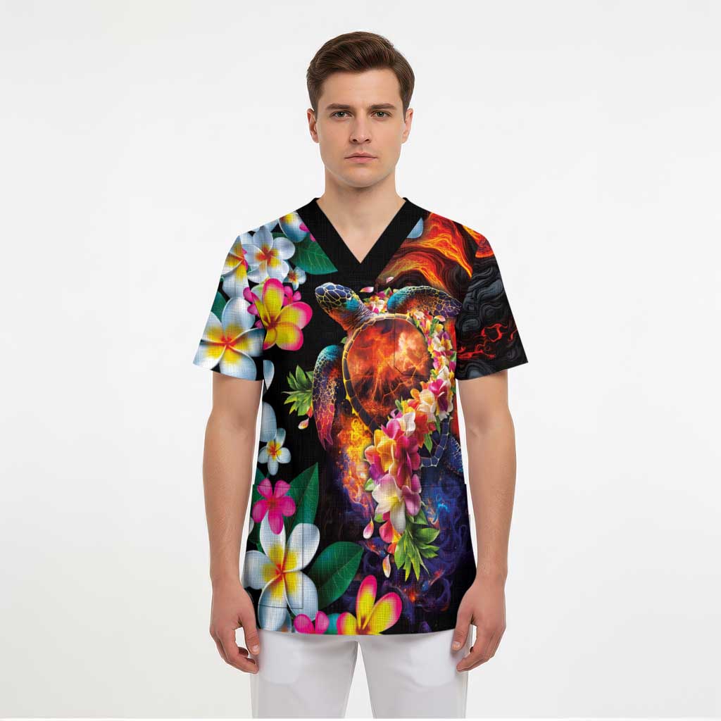 Hawaiian Lei Day Scrub Top Colorful Plumeria and Volcanic Turtle with Abstract Lava Texture LT03 - Polynesian Pride