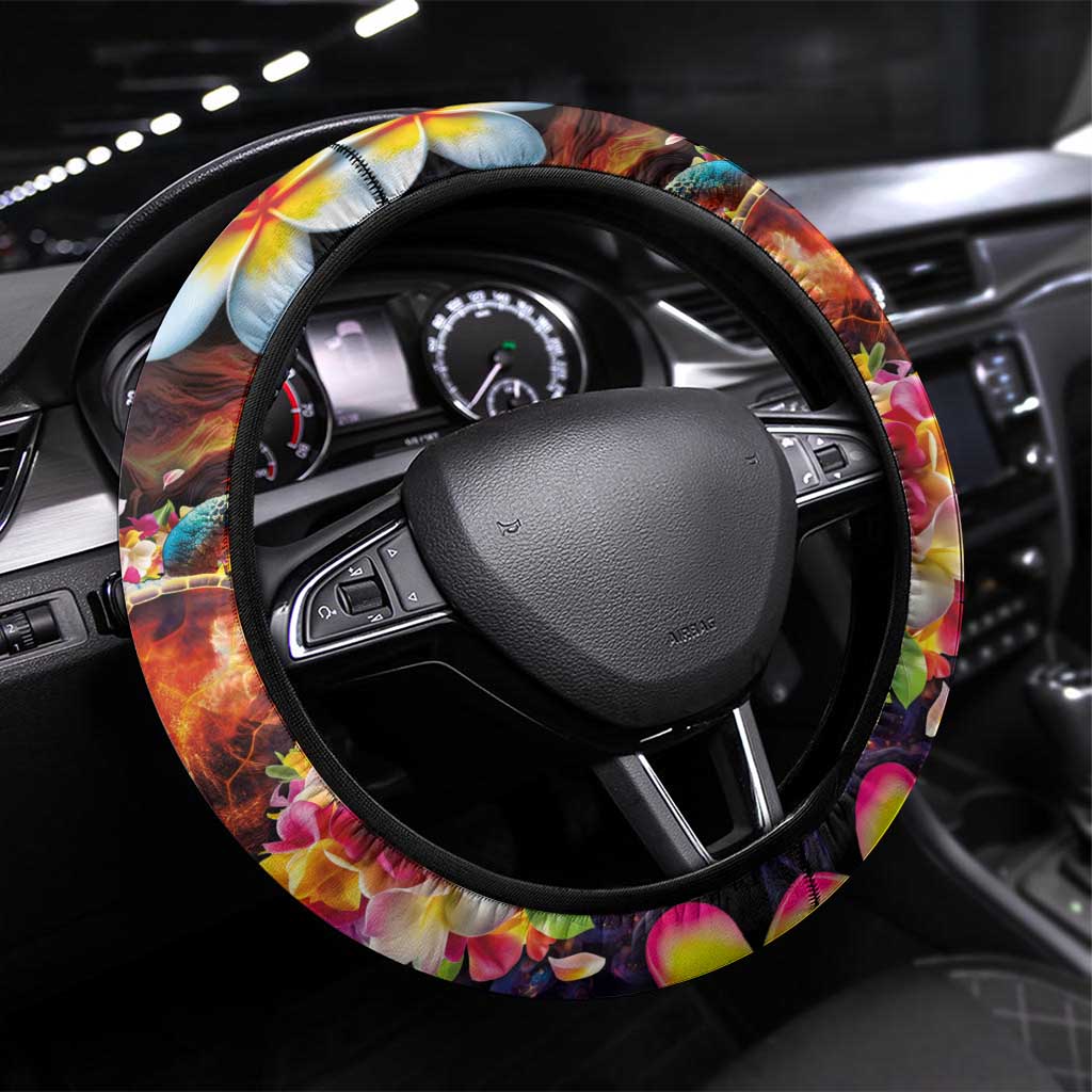 Hawaiian Lei Day Steering Wheel Cover Colorful Plumeria and Volcanic Turtle with Abstract Lava Texture LT03 Universal Fit Black - Polynesian Pride