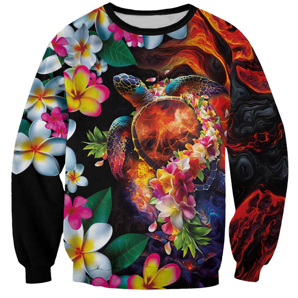 Hawaiian Lei Day Sweatshirt Colorful Plumeria and Volcanic Turtle with Abstract Lava Texture LT03 Unisex Black - Polynesian Pride