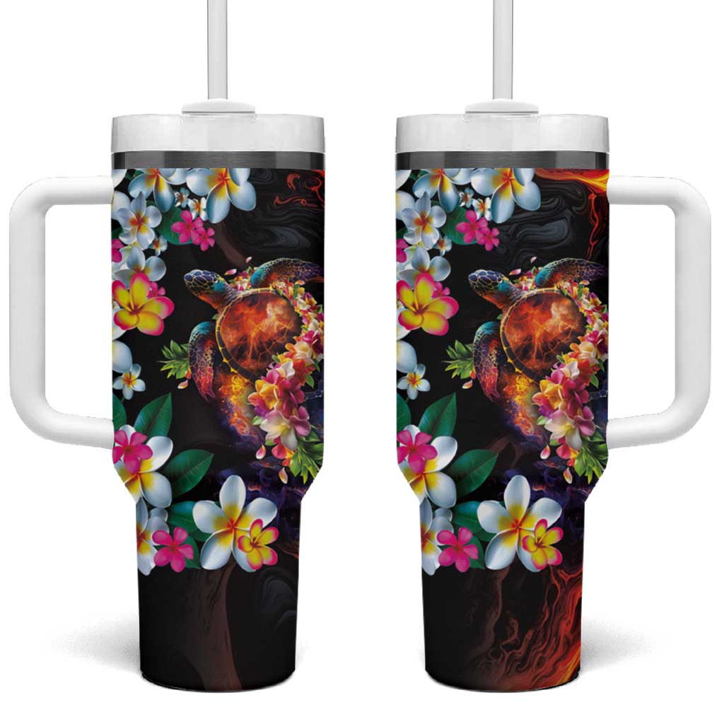 Hawaiian Lei Day Tumbler With Handle Colorful Plumeria and Volcanic Turtle with Abstract Lava Texture LT03 One Size: 40 oz Black - Polynesian Pride