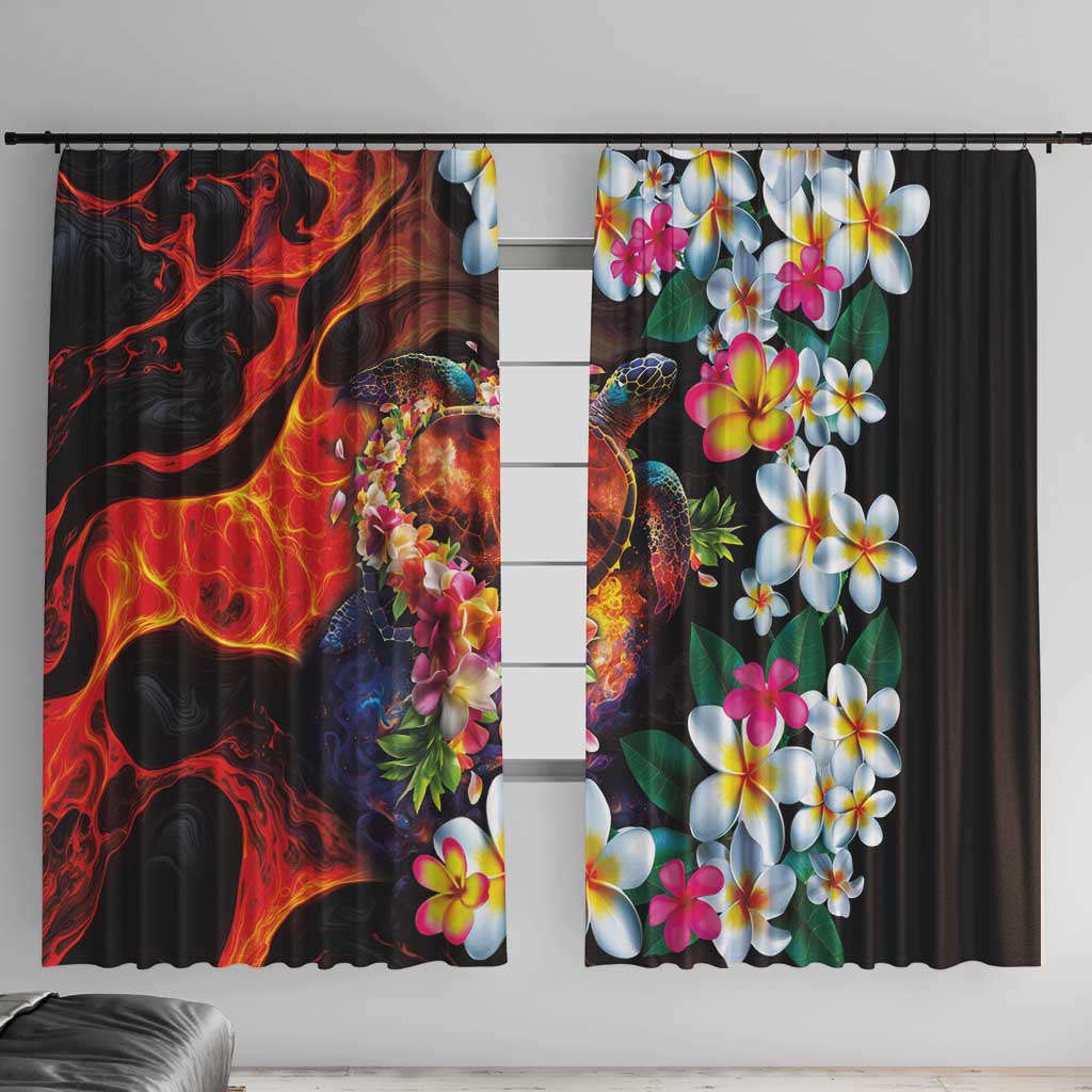 Hawaiian Lei Day Window Curtain Colorful Plumeria and Volcanic Turtle with Abstract Lava Texture LT03 With Hooks Black - Polynesian Pride