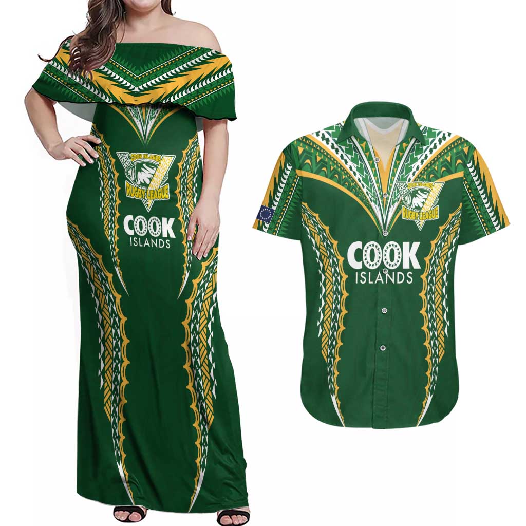 Custom Cook Islands Rugby League Couples Matching Off Shoulder Maxi Dress and Hawaiian Shirt Tatau Tribal Pattern-Special Edition Green Color