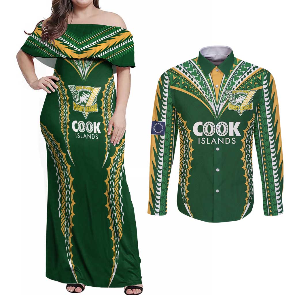 Custom Cook Islands Rugby League Couples Matching Off Shoulder Maxi Dress and Long Sleeve Button Shirt Tatau Tribal Pattern-Special Edition Green Color