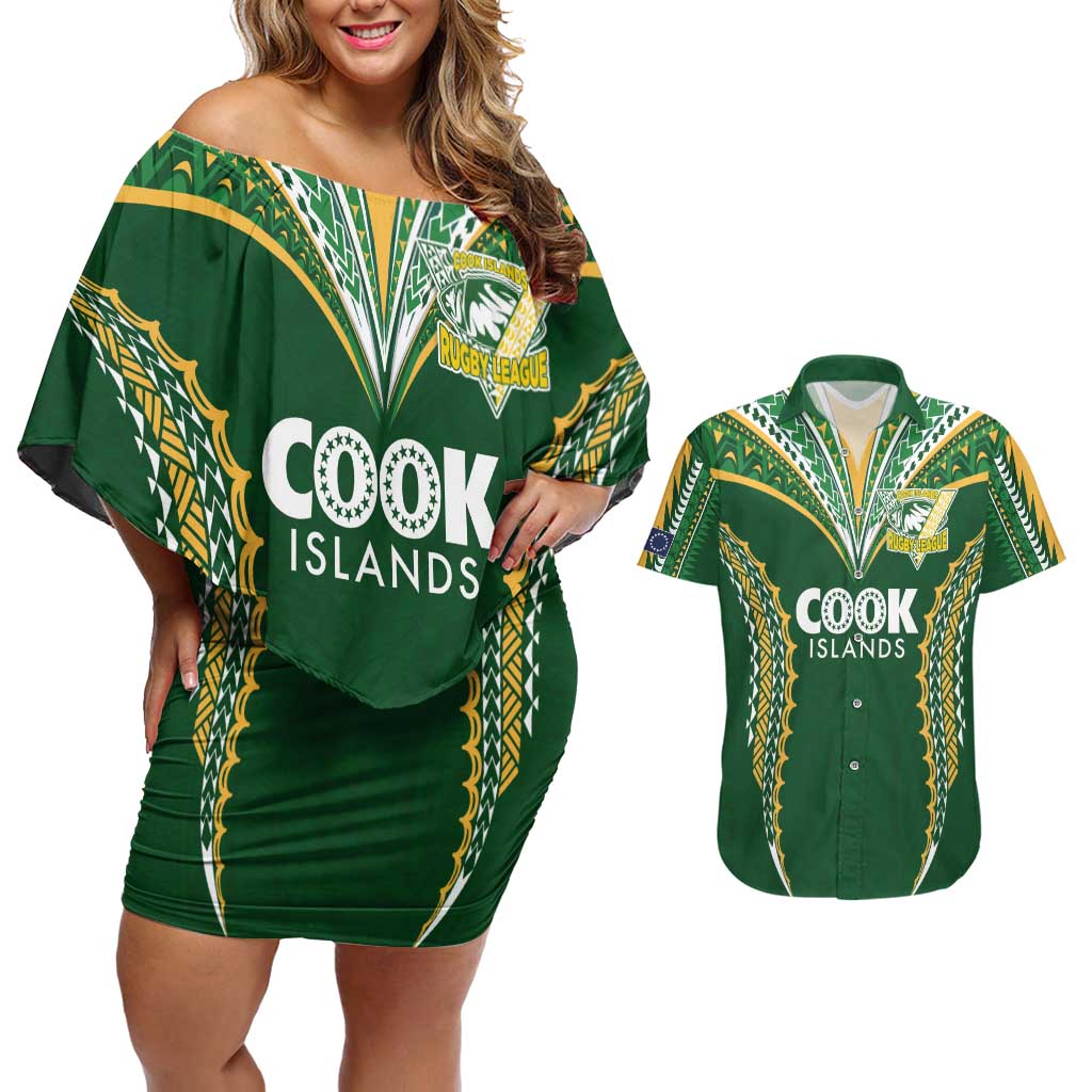 Custom Cook Islands Rugby League Couples Matching Off Shoulder Short Dress and Hawaiian Shirt Tatau Tribal Pattern-Special Edition Green Color