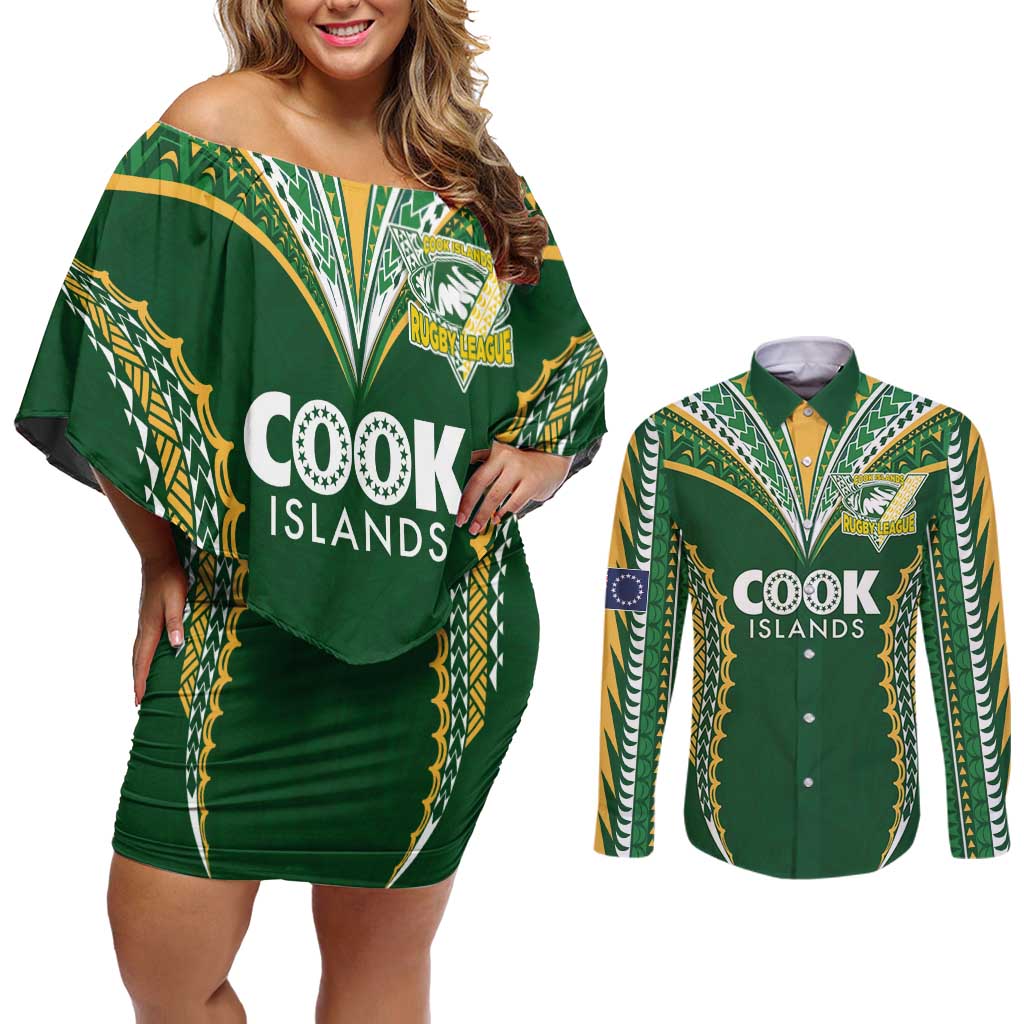 Custom Cook Islands Rugby League Couples Matching Off Shoulder Short Dress and Long Sleeve Button Shirt Tatau Tribal Pattern-Special Edition Green Color