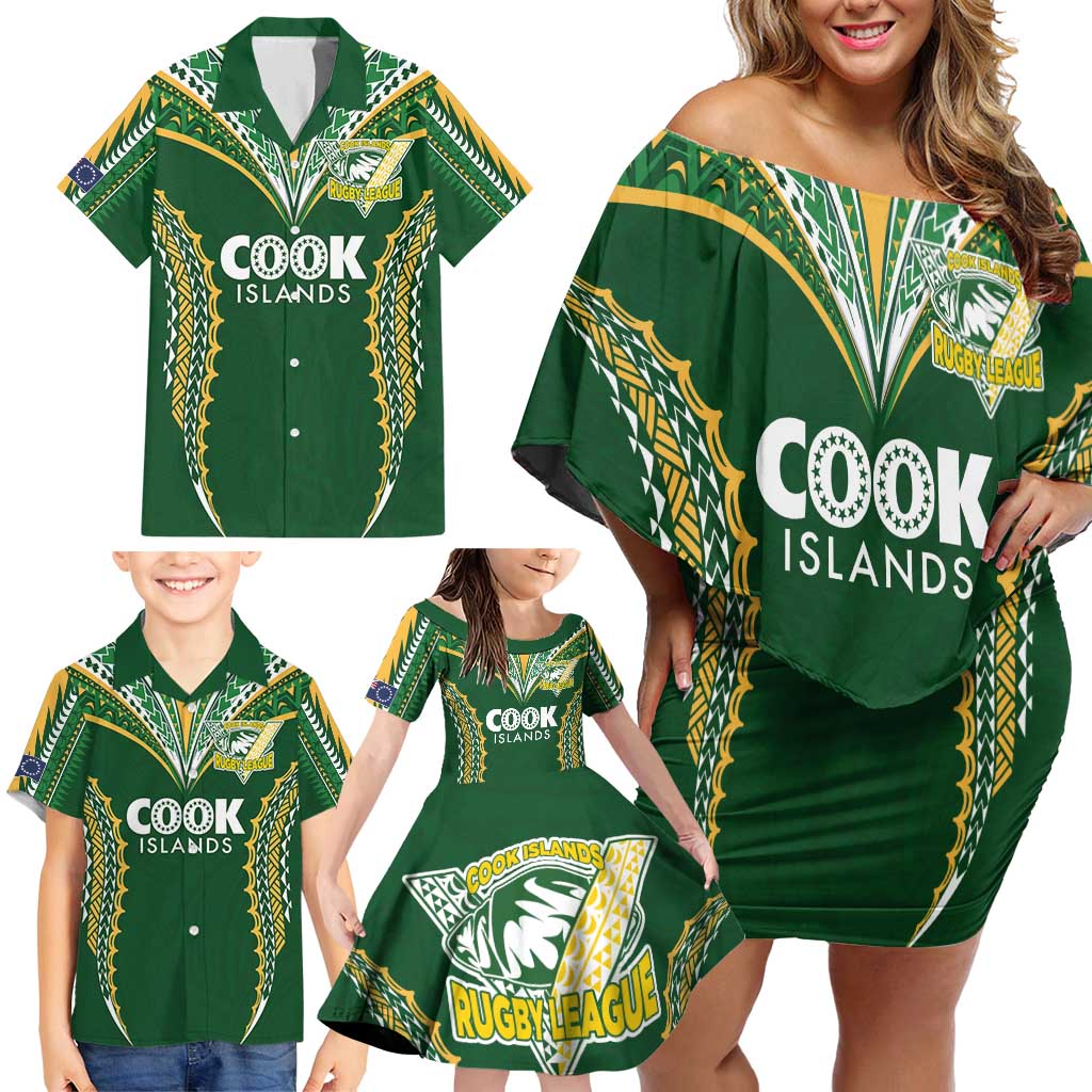 Custom Cook Islands Rugby League Family Matching Off Shoulder Short Dress and Hawaiian Shirt Tatau Tribal Pattern-Special Edition Green Color