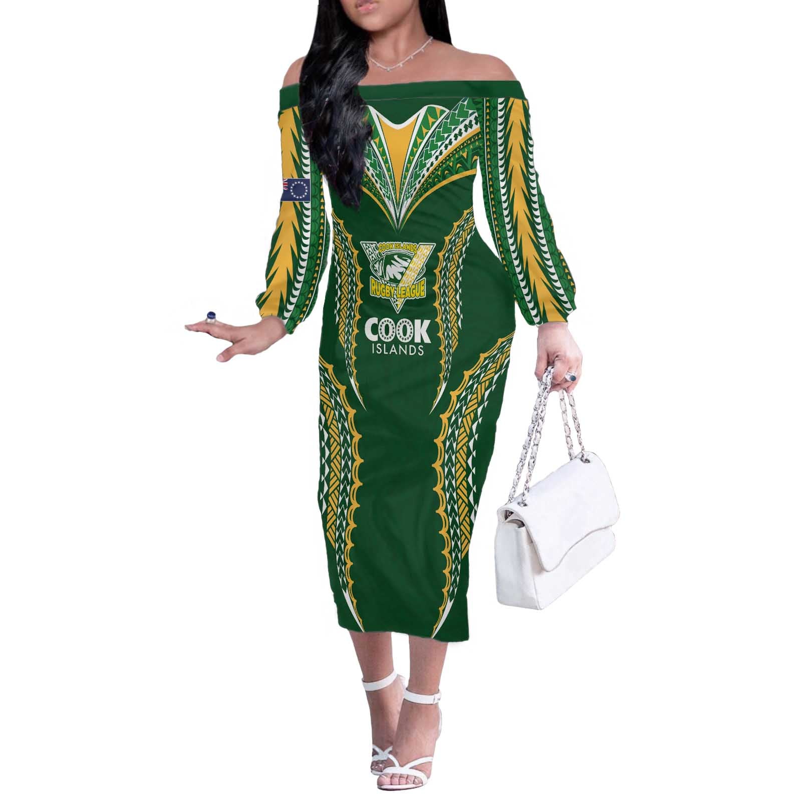 Custom Cook Islands Rugby League Off The Shoulder Long Sleeve Dress Tatau Tribal Pattern-Special Edition Green Color