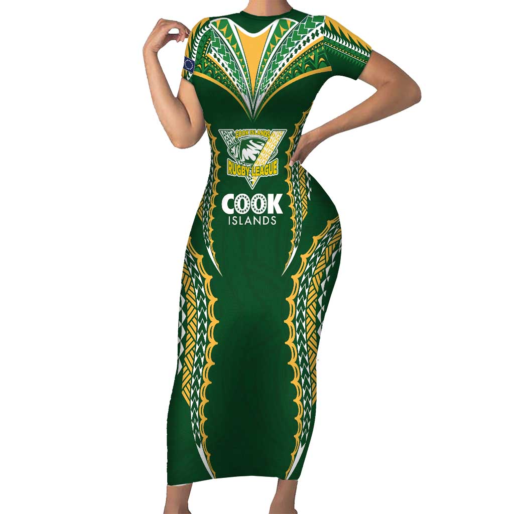 Custom Cook Islands Rugby League Short Sleeve Bodycon Dress Tatau Tribal Pattern-Special Edition Green Color