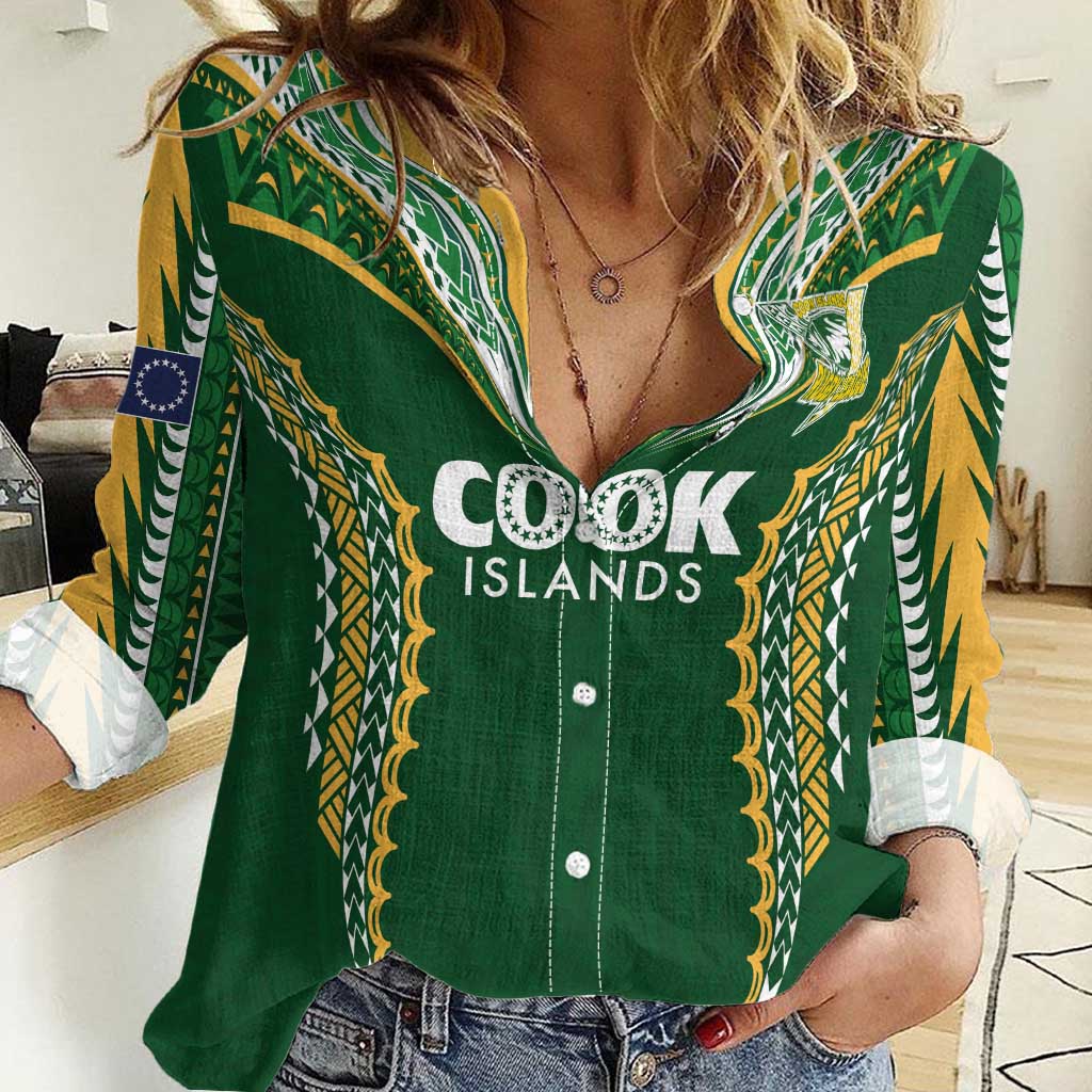 Custom Cook Islands Rugby League Women Casual Shirt Tatau Tribal Pattern-Special Edition Green Color