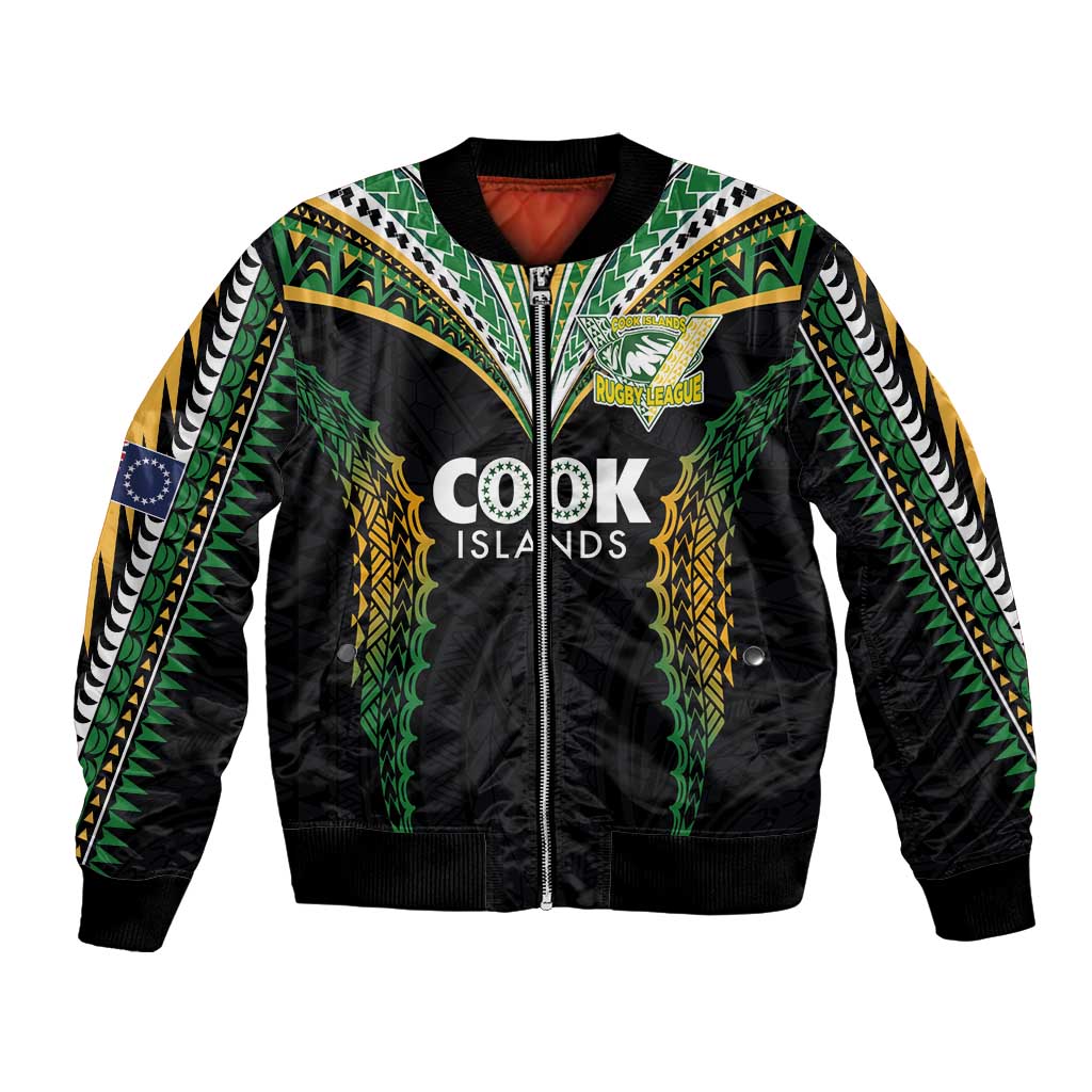 Custom Cook Islands Rugby League Bomber Jacket Tatau Tribal Pattern-Special Edition Black Color LT03 Unisex Green-Black - Polynesian Pride