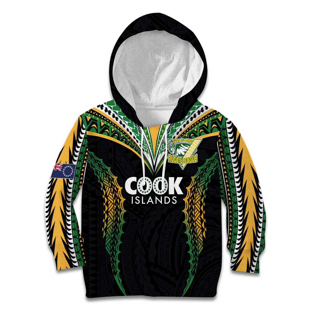 Custom Cook Islands Rugby League Kid Hoodie Tatau Tribal Pattern-Special Edition Black Color LT03 Hoodie Green-Black - Polynesian Pride