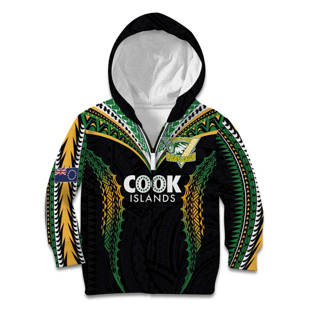 Custom Cook Islands Rugby League Kid Hoodie Tatau Tribal Pattern-Special Edition Black Color LT03 Zip Hoodie Green-Black - Polynesian Pride