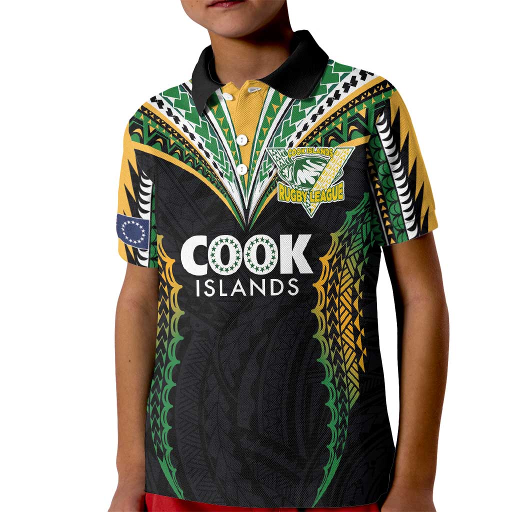 Custom Cook Islands Rugby League Kid Polo Shirt Tatau Tribal Pattern-Special Edition Black Color LT03 Kid Green-Black - Polynesian Pride