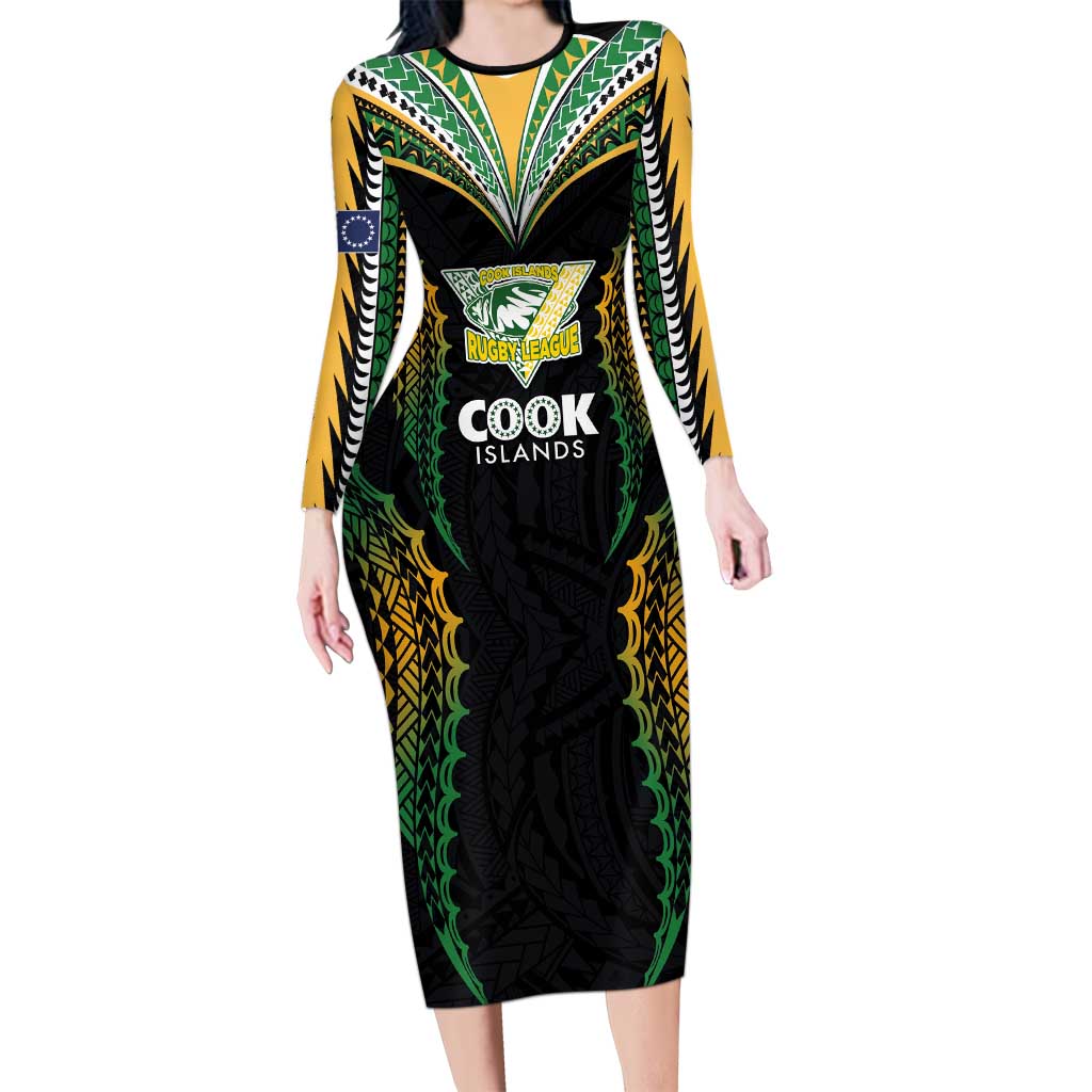 Custom Cook Islands Rugby League Long Sleeve Bodycon Dress Tatau Tribal Pattern-Special Edition Black Color