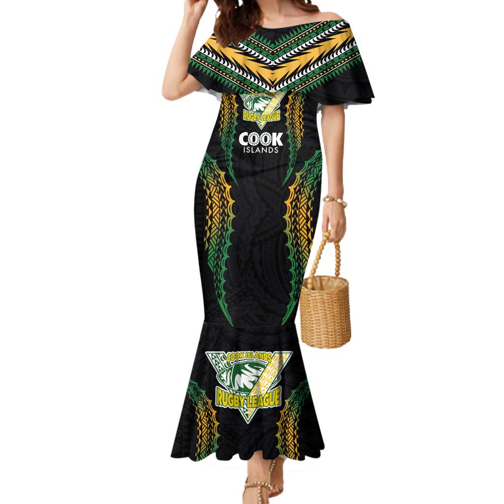 Custom Cook Islands Rugby League Mermaid Dress Tatau Tribal Pattern-Special Edition Black Color