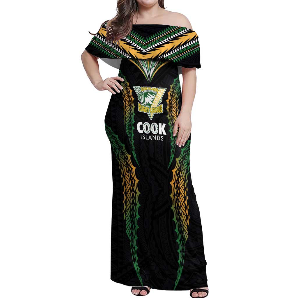 Custom Cook Islands Rugby League Off Shoulder Maxi Dress Tatau Tribal Pattern-Special Edition Black Color