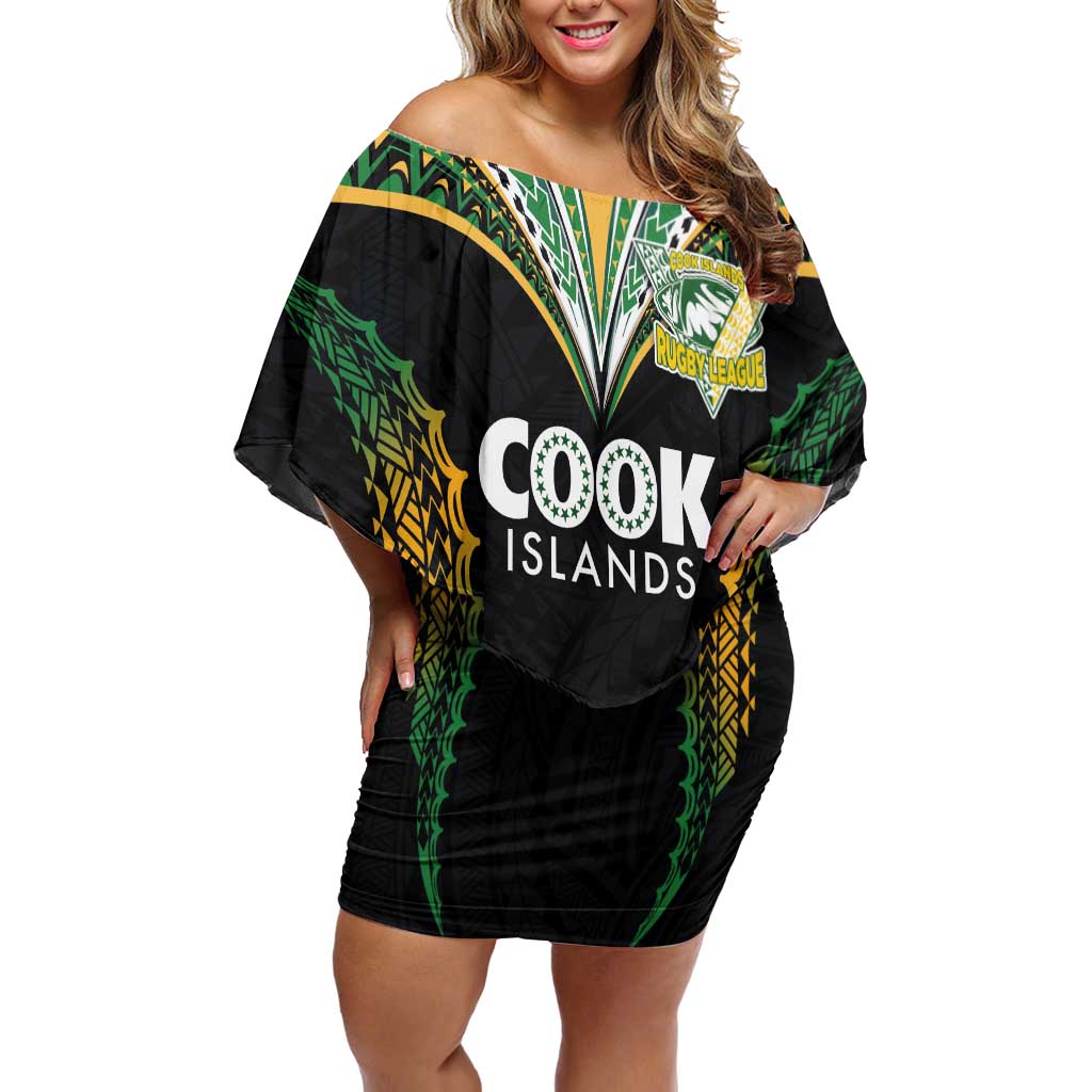 Custom Cook Islands Rugby League Off Shoulder Short Dress Tatau Tribal Pattern-Special Edition Black Color