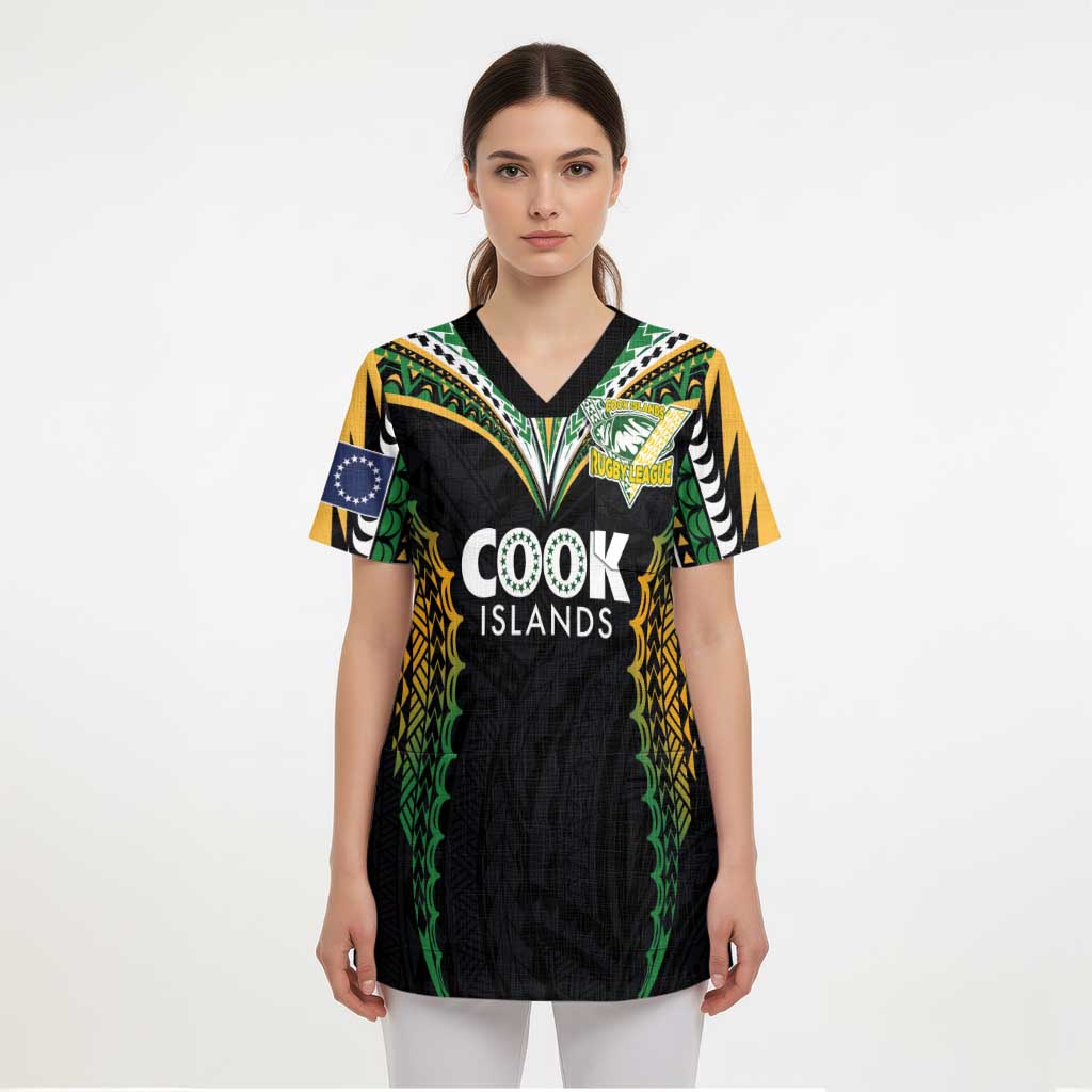 Custom Cook Islands Rugby League Scrub Top Tatau Tribal Pattern-Special Edition Black Color LT03 - Polynesian Pride