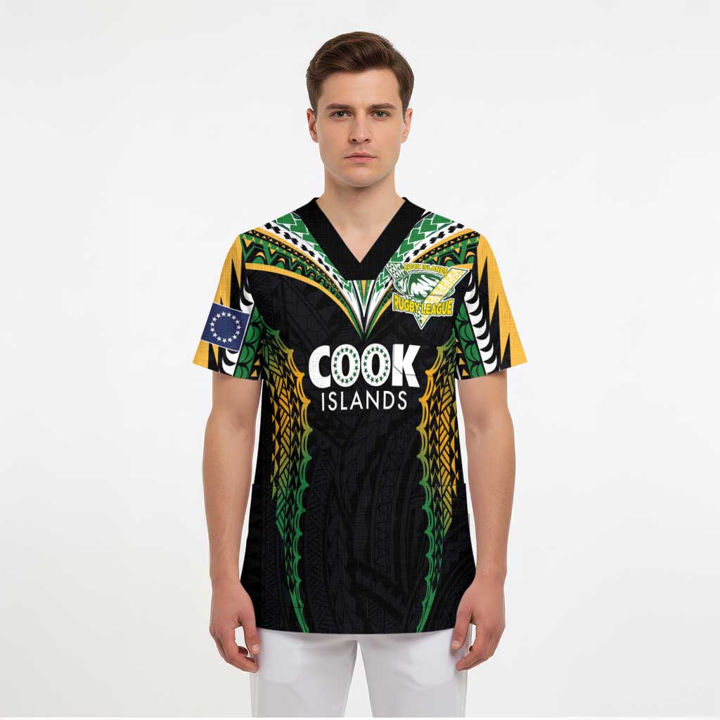 Custom Cook Islands Rugby League Scrub Top Tatau Tribal Pattern-Special Edition Black Color LT03 - Polynesian Pride