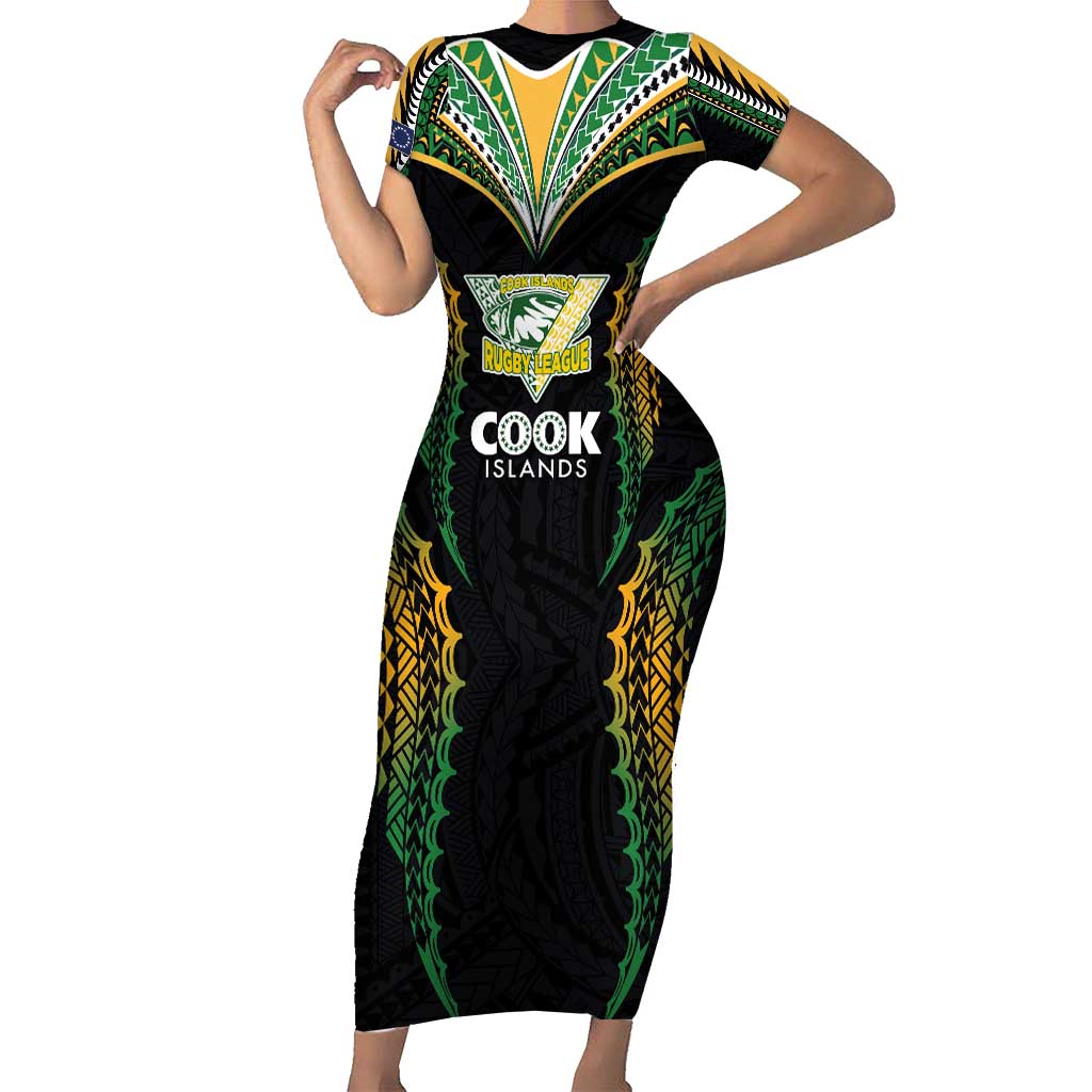 Custom Cook Islands Rugby League Short Sleeve Bodycon Dress Tatau Tribal Pattern-Special Edition Black Color