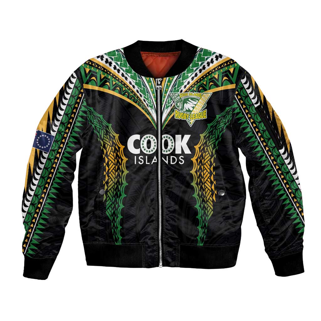 Custom Cook Islands Rugby League Sleeve Zip Bomber Jacket Tatau Tribal Pattern-Special Edition Black Color LT03 Unisex Green-Black - Polynesian Pride