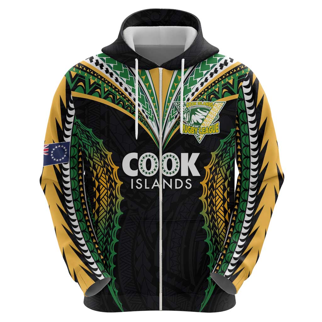 Custom Cook Islands Rugby League Zip Hoodie Tatau Tribal Pattern-Special Edition Black Color LT03 - Polynesian Pride