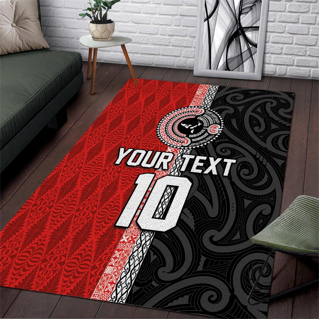 Custom Tonga and New Zealand Rugby Area Rug Maori Mix Ngatu Pattern LT03 Black - Polynesian Pride