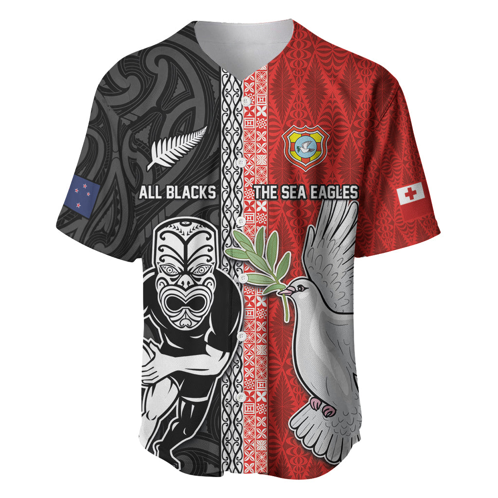 Custom Tonga and New Zealand Rugby Baseball Jersey Maori Mix Ngatu Pattern LT03 Black - Polynesian Pride
