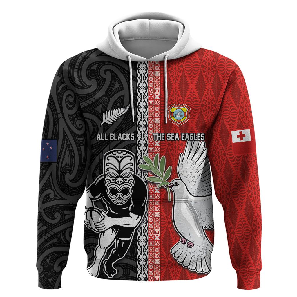 Custom Tonga and New Zealand Rugby Hoodie Maori Mix Ngatu Pattern