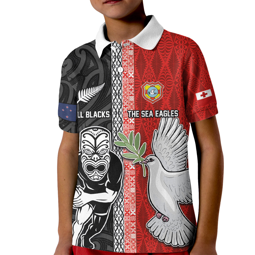 Custom Tonga and New Zealand Rugby Kid Polo Shirt Maori Mix Ngatu Pattern LT03 Kid Black - Polynesian Pride
