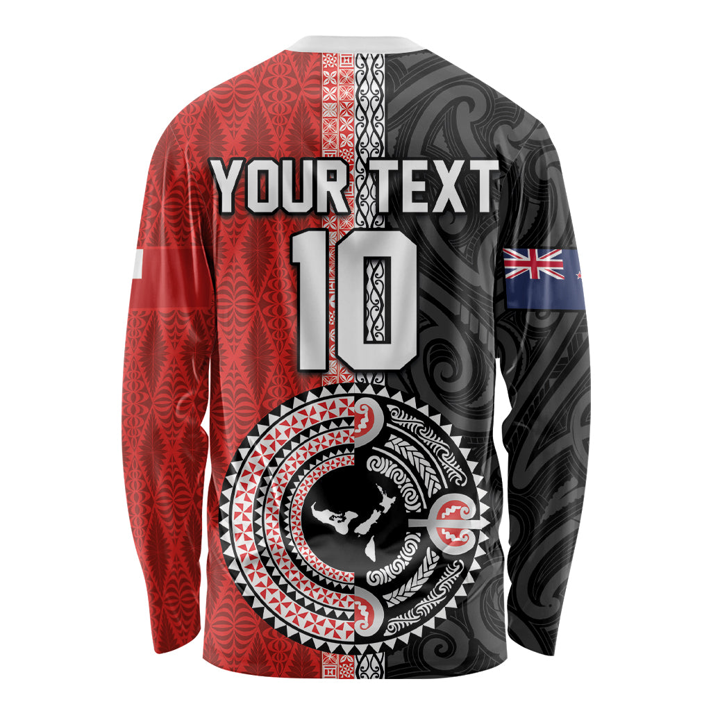 Custom Tonga and New Zealand Rugby Long Sleeve Shirt Maori Mix Ngatu Pattern LT03 - Polynesian Pride