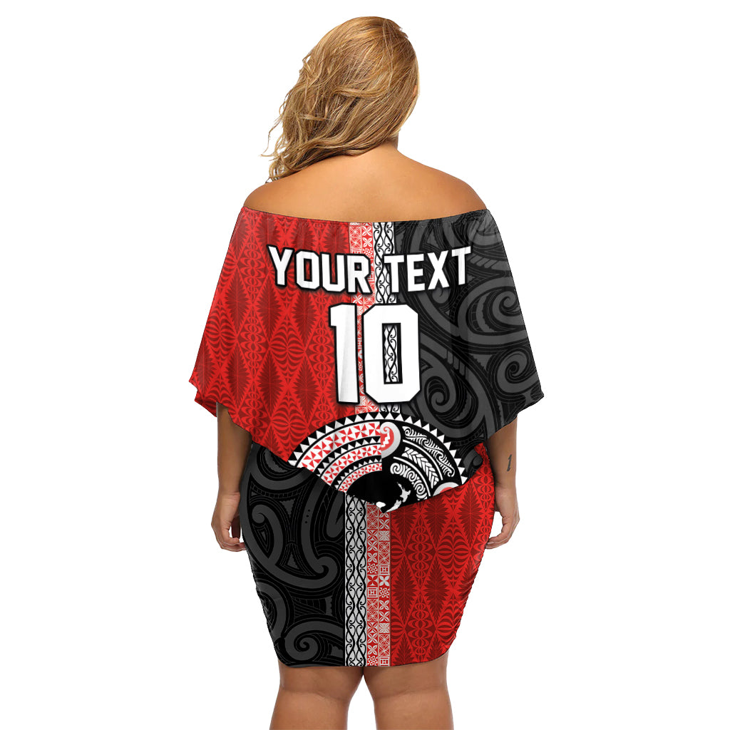 Custom Tonga and New Zealand Rugby Off Shoulder Short Dress Maori Mix Ngatu Pattern LT03 - Polynesian Pride