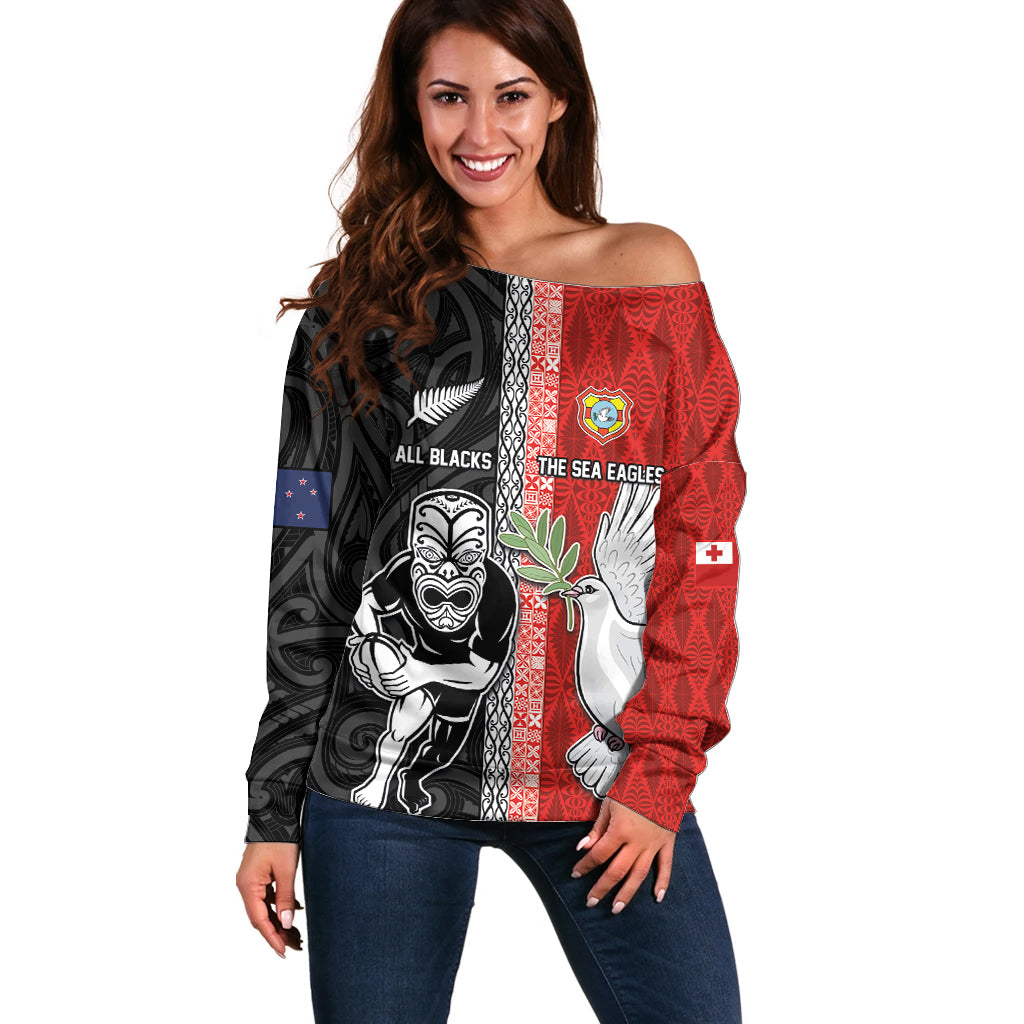 Custom Tonga and New Zealand Rugby Off Shoulder Sweater Maori Mix Ngatu Pattern LT03 Women Black - Polynesian Pride