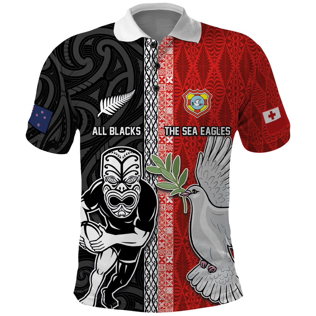 Custom Tonga and New Zealand Rugby Polo Shirt Maori Mix Ngatu Pattern LT03 Black - Polynesian Pride