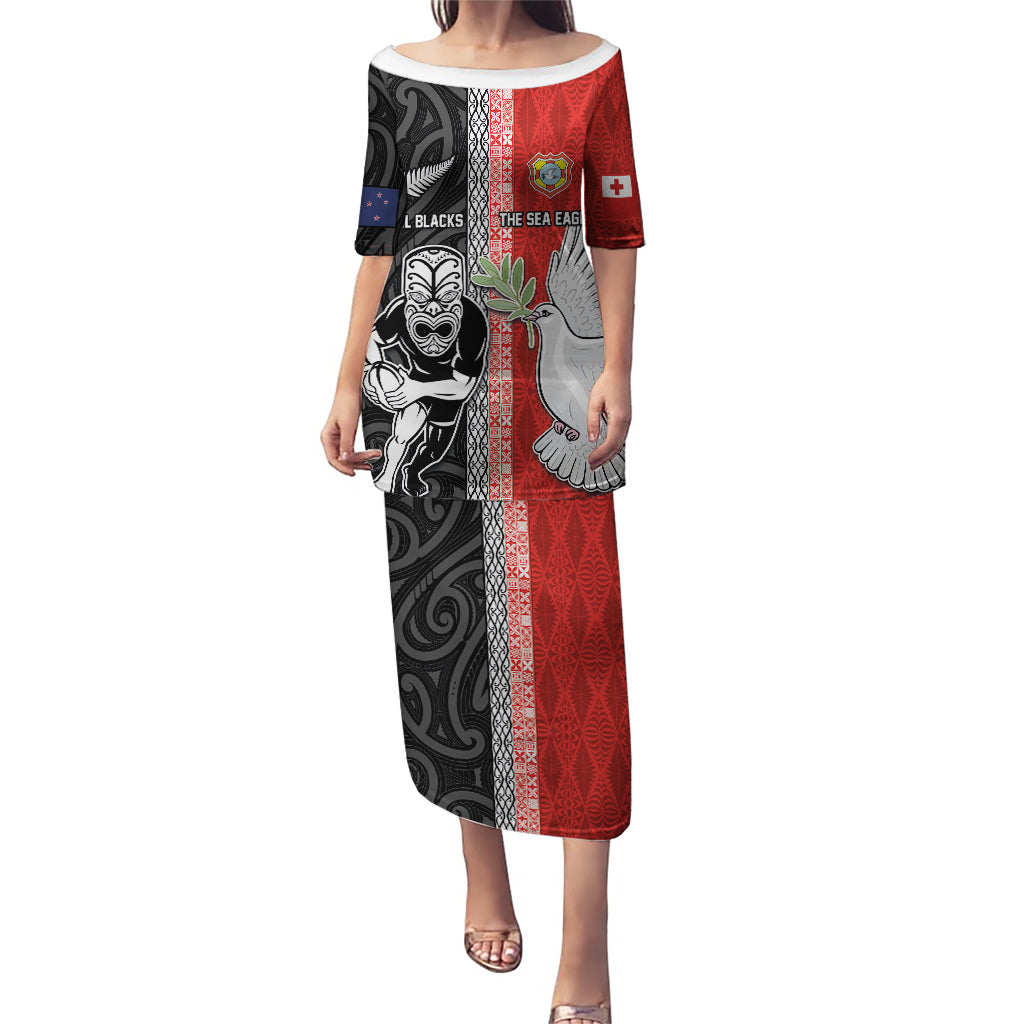 Custom Tonga and New Zealand Rugby Puletasi Maori Mix Ngatu Pattern LT03 Long Dress Black - Polynesian Pride