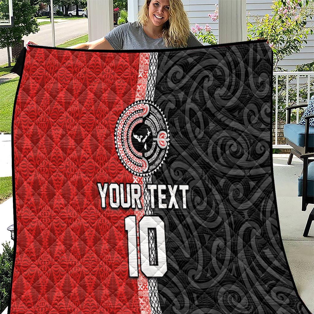 Custom Tonga and New Zealand Rugby Quilt Maori Mix Ngatu Pattern LT03 Black - Polynesian Pride