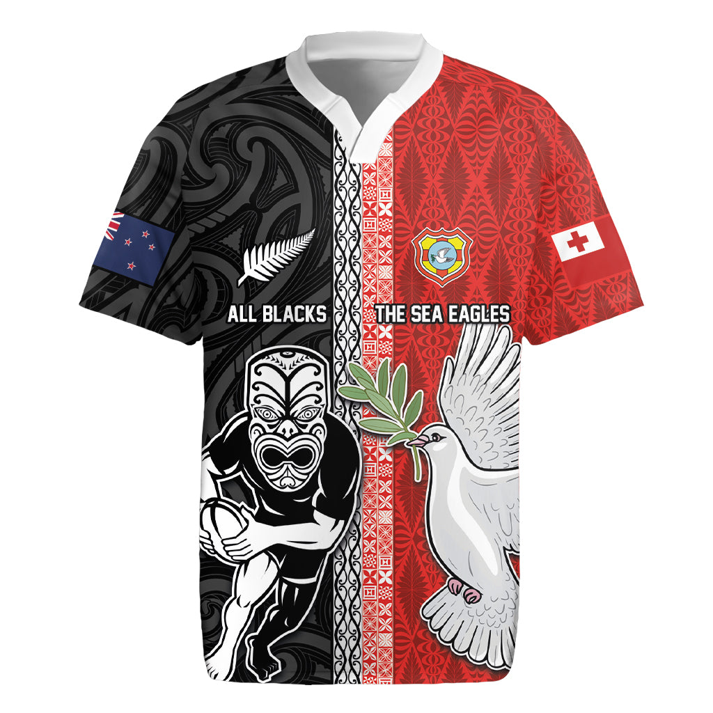 Custom Tonga and New Zealand Rugby Rugby Jersey Maori Mix Ngatu Pattern LT03 Black - Polynesian Pride