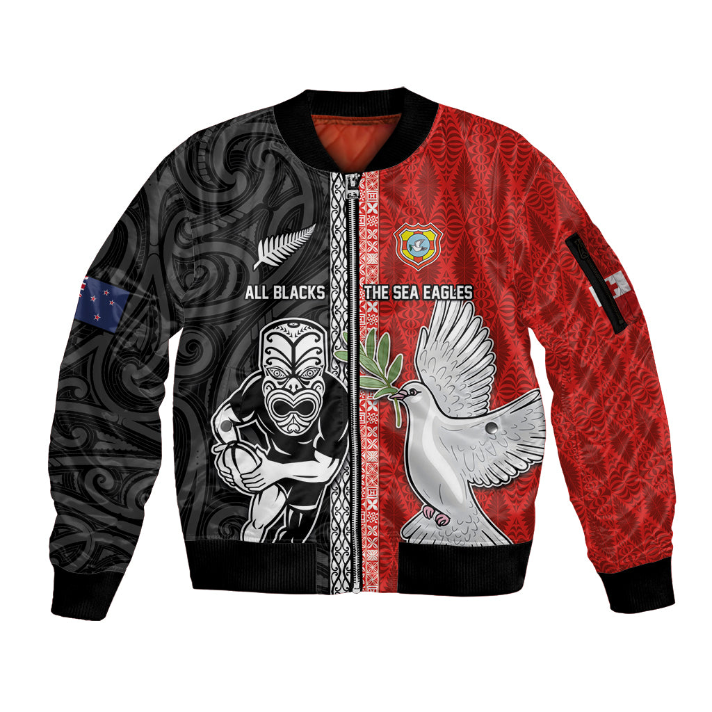 Custom Tonga and New Zealand Rugby Sleeve Zip Bomber Jacket Maori Mix Ngatu Pattern LT03 Unisex Black - Polynesian Pride