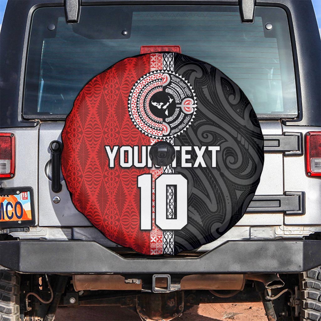 Custom Tonga and New Zealand Rugby Spare Tire Cover Maori Mix Ngatu Pattern LT03 Black - Polynesian Pride