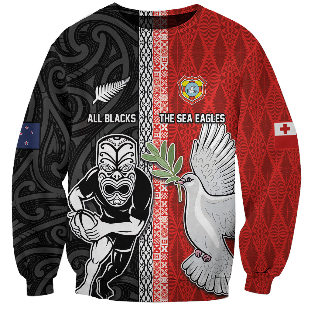 Custom Tonga and New Zealand Rugby Sweatshirt Maori Mix Ngatu Pattern LT03 Unisex Black - Polynesian Pride