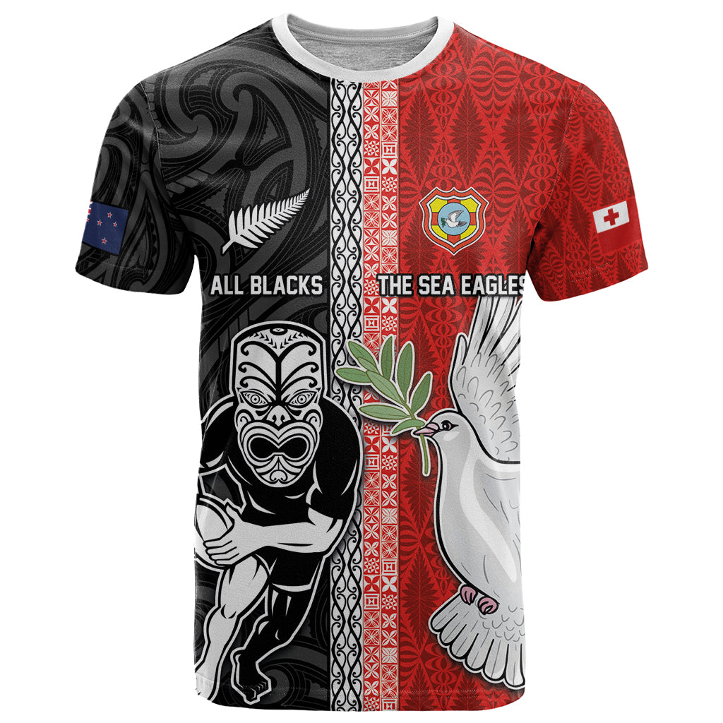 Custom Tonga and New Zealand Rugby T Shirt Maori Mix Ngatu Pattern LT03 Black - Polynesian Pride