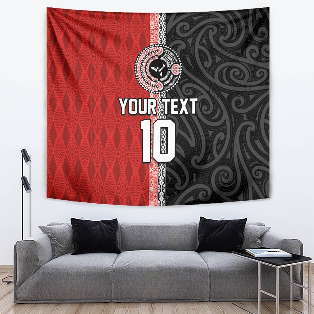 Custom Tonga and New Zealand Rugby Tapestry Maori Mix Ngatu Pattern LT03 Black - Polynesian Pride