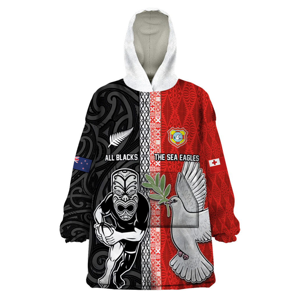 Custom Tonga and New Zealand Rugby Wearable Blanket Hoodie Maori Mix Ngatu Pattern