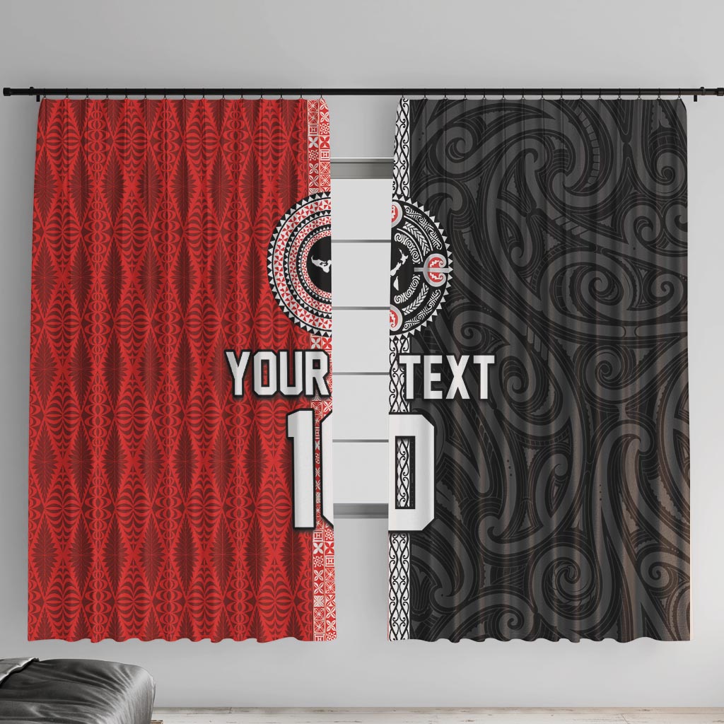 Custom Tonga and New Zealand Rugby Window Curtain Maori Mix Ngatu Pattern LT03 With Hooks Black - Polynesian Pride