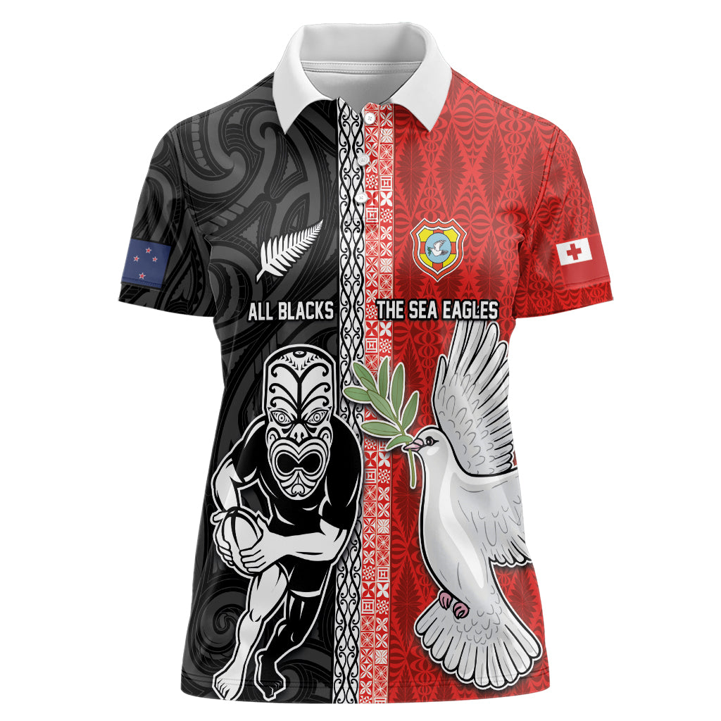 Custom Tonga and New Zealand Rugby Women Polo Shirt Maori Mix Ngatu Pattern